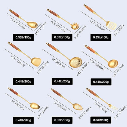 Gold Kitchen Utensils Set, Solid and Slotted Spoon, Slotted Tunner, Spaghetti