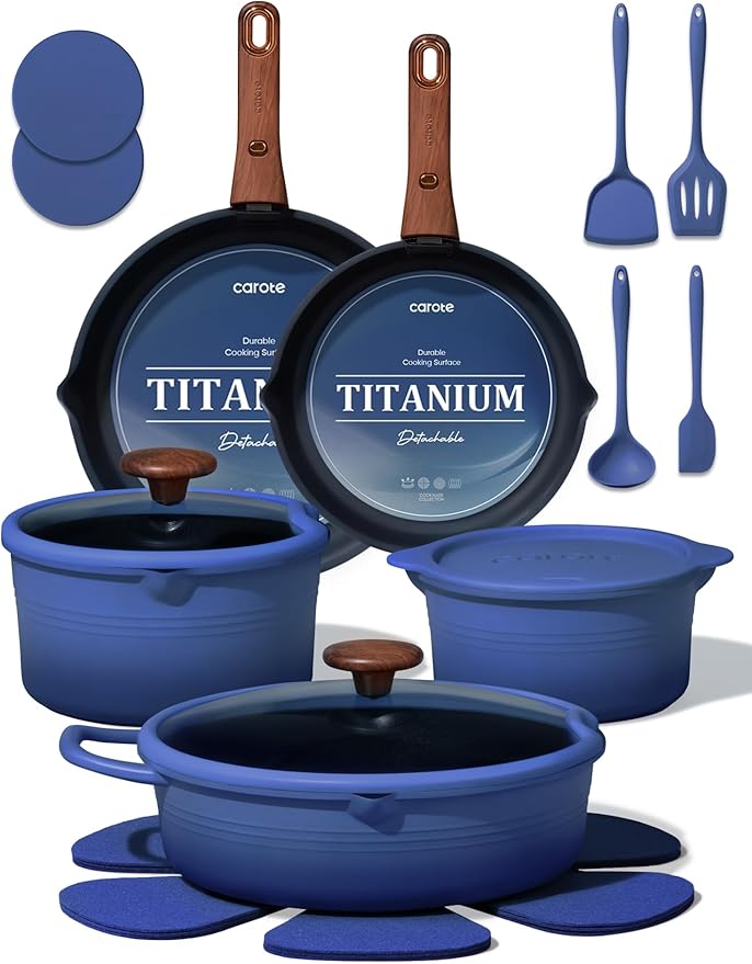 CAROTE 20Pcs Titanium Cookware Set, Pots and Pans Set Non Stick, Kitchen