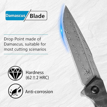 KANSEPT Qilin Pocket Knife,3.24'' Damascus Sharp Blade, Black Rose Carbon Fiber Handle for Edc, Flipper and Liner Lock with Double-Sided Clip, Men Camping Survival Folding Knives K1047A2