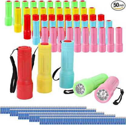 50 Pack 9-LED Mini Flashlight Bulk, Small Multicolor Flashlights with Lanyard, Batteries Included, for Hurricane Supplies Party Favors, Christmas Gifts Stocking Stuffer