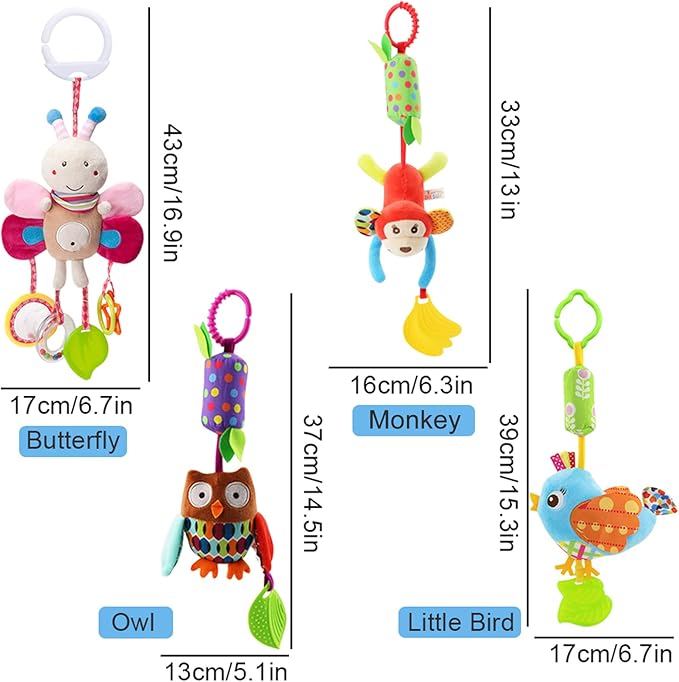 Sealive 4 Piece Baby Stroller Sensory Musical Toys, Soft Rattles Hanging Plush Activity Crib Car Seat Toys for Babies Boy Girl