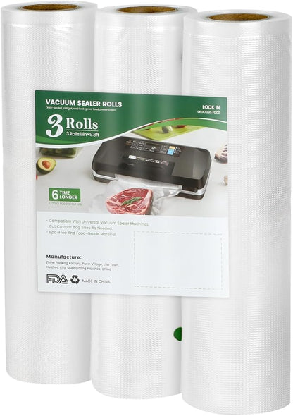 3Pack 11" x 10' Vacuum Sealer Bags Rolls,BPA Free,Heavy Duty,Leak-proof, Puncture Prevention,Freezer & Sous Vide Safe,Compatible with all vacuum sealer machines