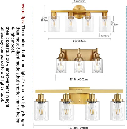 4 Light Gold Bathroom Vanity Light, Brushed Brass Bathroom Light Fixtures
