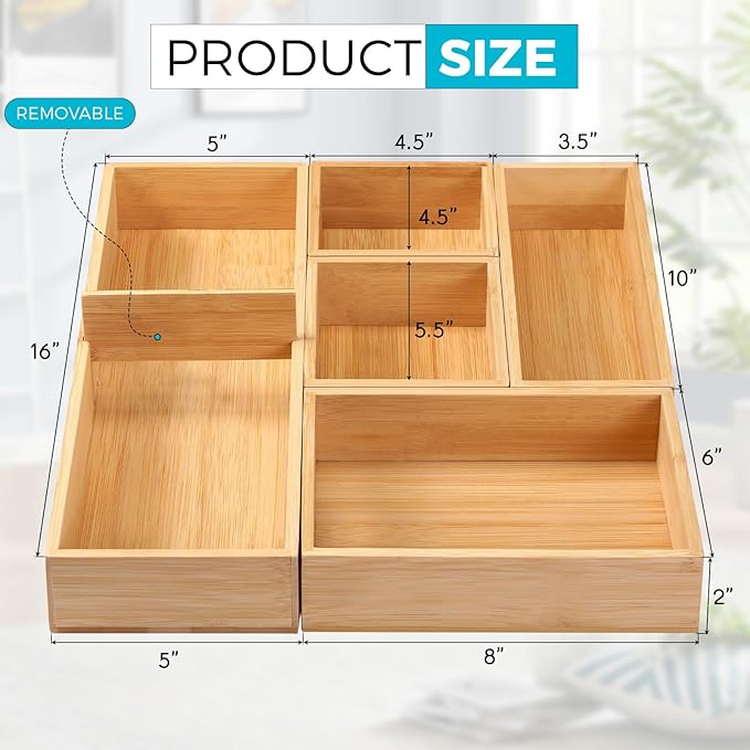 Fabsome Bathroom Drawer Organizer, Bamboo Box Bin