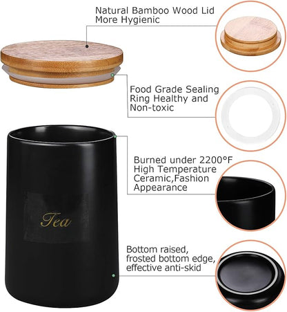 Yangbaga Black Ceramic Canister Set for Kitchen-Set of 3 Kitchen Canisters for Countertop with Airtight Wood,Large Kitchen Storage for Flour,Suger,Coffee-Modern Countertop Decor