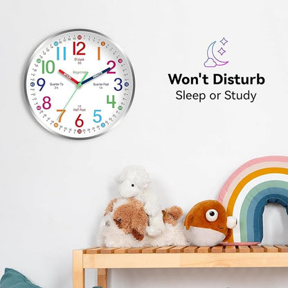 Wall Clock for Kids Learning Easily Kids Teaching Clock Silent Non Ticking Battery Operated Colorful Teaching Time Clock Decorative for Kids Room Classroom School (10 Inch)