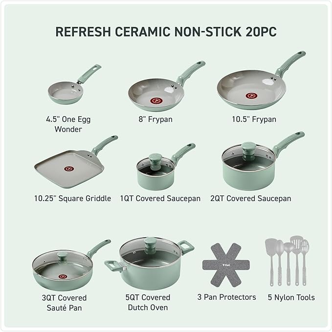 T-Fal Refresh Ceramic Nonstick Cookware Set, Oven Safe to 350°F, Ceramic Pots