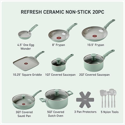 T-Fal Refresh Ceramic Nonstick Cookware Set, Oven Safe to 350°F, Ceramic Pots