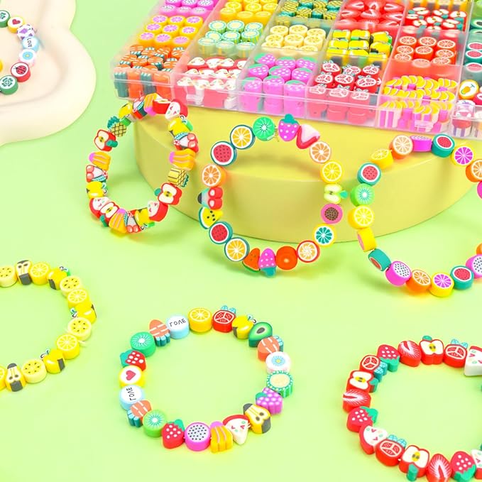 Gionlion Fruit Polymer Clay Beads Bracelet Making Kit, Colorful Clay Beads with Lemon, Strawberry, Avocado, and Watermelon Designs for DIY Jewelry, Bracelet & Necklace Making Crafts