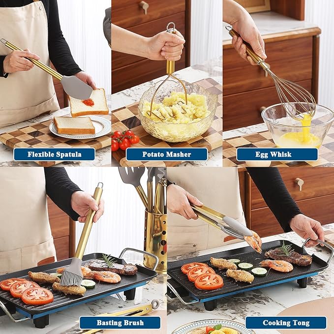 Gold Kitchen Utensils Set, Kyraton 38 Pieces Non-Stick Silicone Cooking Utensils Set, Spoon Spatula Set with Sturdy Stainless Steel Utensil Holder, Dishwasher Safe
