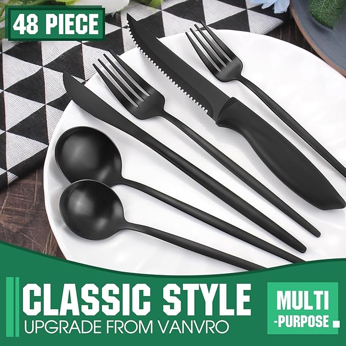 48 Pieces Matte Black Silverware Set with Steak Knives,Satin Finish tableware Cutlery Set,Black Flatware Set for Home and Restaurant,Knife Spoon And Fork Sets for ervice for 8