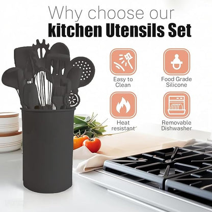 Silicone Kitchen Cooking Utensils Set with Stainless Steel Handle, Spatula Set Utensil Set, Cooking Utensil Set,Kitchen Tools Gadgets for Nonstick Cookware (35, Black)