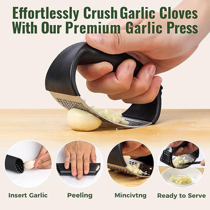 Garlic Press Rocker, Stainless Steel Garlic Mincer and Garlic Crusher, Easy-Squeeze Garlic Tool with Peeler and Cleaning Brush for Smashing Garlic