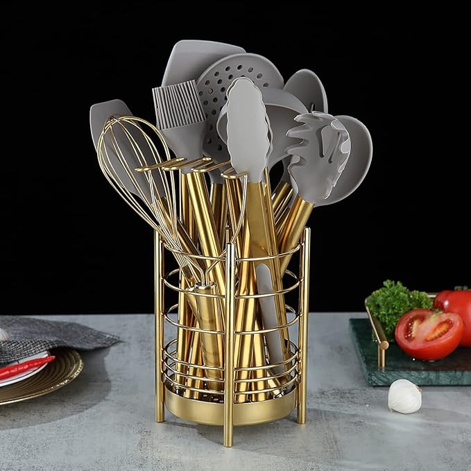 Gold Kitchen Utensil Holder for Kitchen Counter, Stainless Steel Utensil Crocks