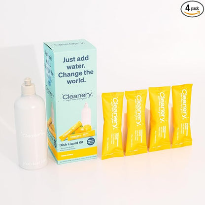 Dish Soap Powder Refill Starter Kit with Reusable Bottle + 4 Fresh Citrus Refills, Makes 16 fl oz each