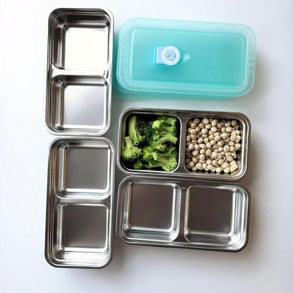 Stainless Steel Snack Containers for Kids and Adults [2/4/6-Pack Set] Reusable Food Storage Container Set with Lids-2 Compartment Bento Box for Lunch, Travel, Meal Prep- Leakproof & Dishwasher Safe(4)
