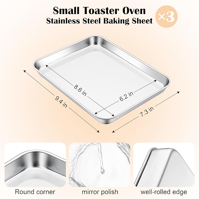 E-far 3 Pack Toaster Oven Trays, 9.4”x7.3” Stainless Steel Small Baking Cookie