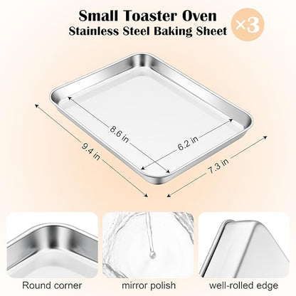 E-far 3 Pack Toaster Oven Trays, 9.4”x7.3” Stainless Steel Small Baking Cookie