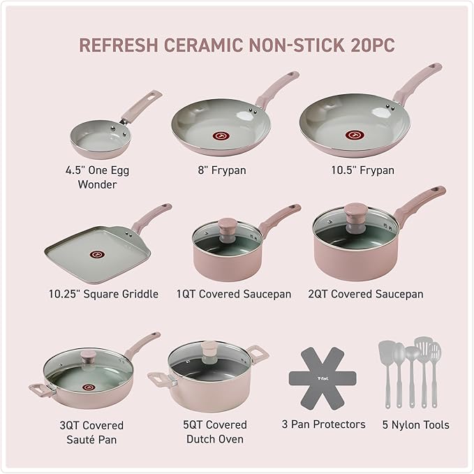 T-Fal Refresh Ceramic Pots and Pans Set, Nonstick Cookware, Oven Safe to 350°F