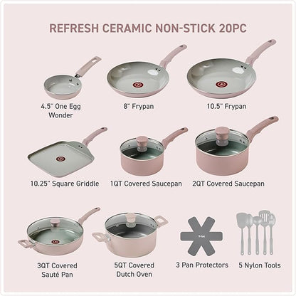 T-Fal Refresh Ceramic Pots and Pans Set, Nonstick Cookware, Oven Safe to 350°F
