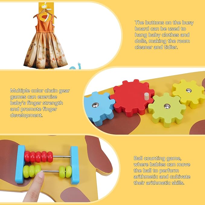 Activity Wall Panels for Toddlers,7 Activities Multifunctional Busy Board Wooden Wall Activity Center,Giraffe Height Ruler - Children’s Early Education Sensory Exercises-Kids Room Decor for Play
