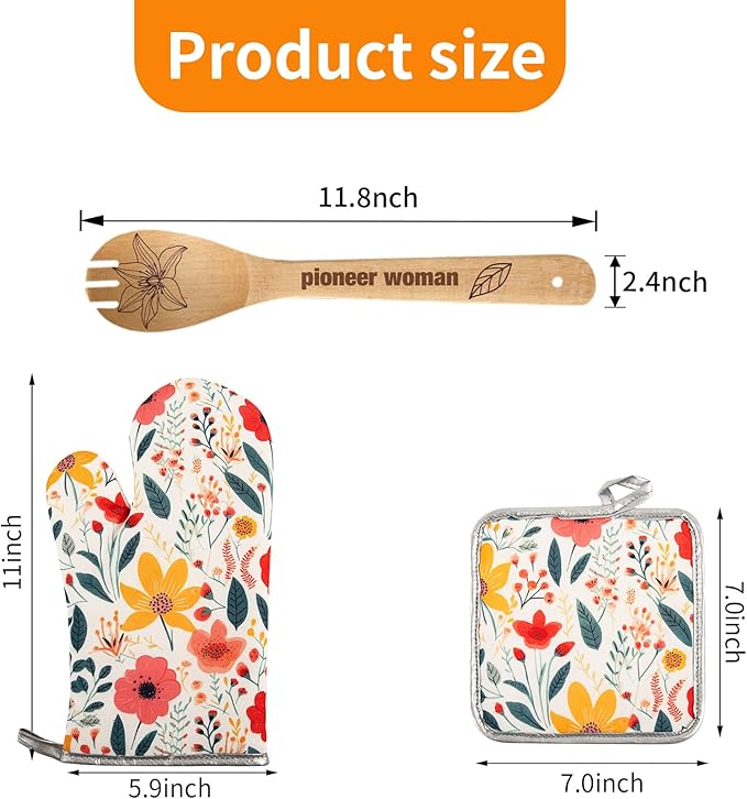 8 Pcs Kitchen Stuff Accessories Include 5 Cute Wooden Spoons & 1 Floral Kitchen
