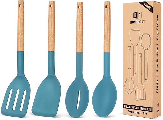 Pack of 4 Silicone Cooking Utensils Set, Non Stick Solid Spatulas and Heat