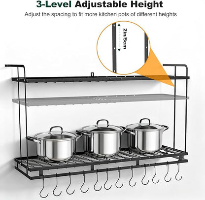 Housolution Pot Rack Wall Mounted, 3 Level Height Adjustable, 2 Tier Heavy Duty