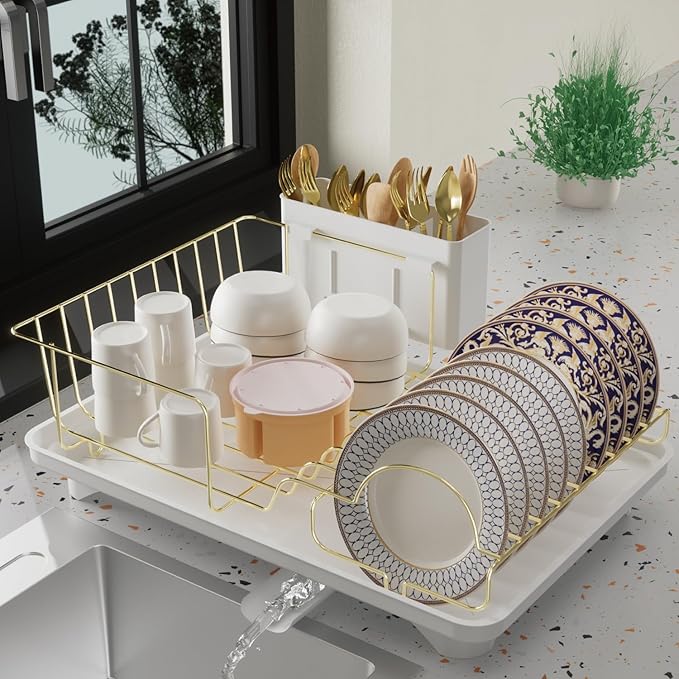 Buruis Dish Drying Rack for Kitchen Countertop, Large Capacity Gold Stainless