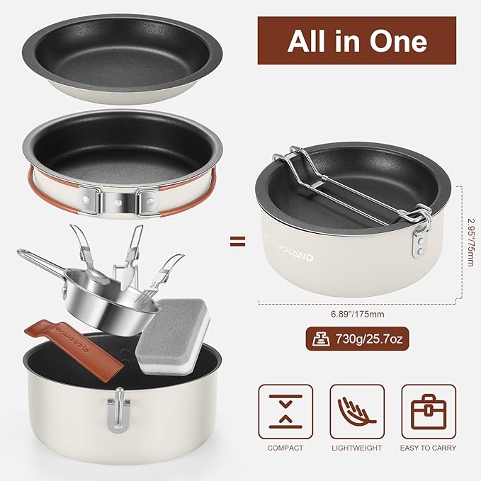 Odoland 10pcs Camping Cookware Non-Stick Camping Pot and Pan Set with Plate Bowl Fork Knife Spoon for Backpacking, Hiking, Outdoor Cooking and Picnic