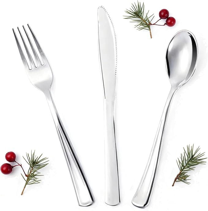 300Pieces Silver Plastic Silverware - Heavy Duty Disposable Utensils - Silver Plastic Cutlery Set Includes 100 Forks, 100 Spoons, 100 Knives for Dinner Parties Weddings