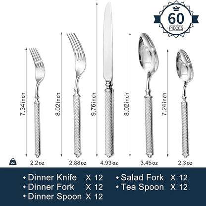 KINGSTONE Retro Rope-Pattern Silverware Set, 60-Piece Flatware Set Cutlery Set Forged with Handcrafted Texture Handles 18/10 Stainless Steel, Dishwasher Safe