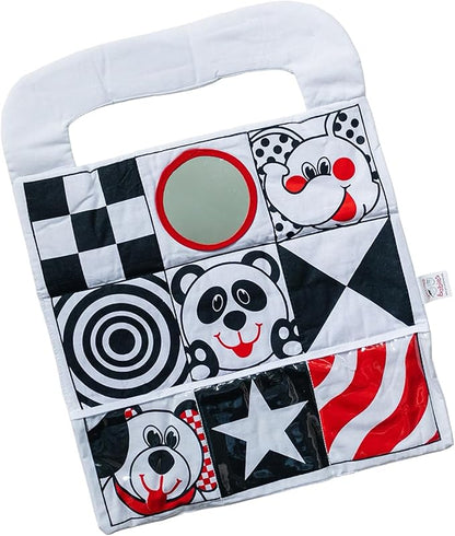 Reversible Car Activity Center Toy for Baby in Black, White and Red, Easy to Attach, with Baby Safe Mirror