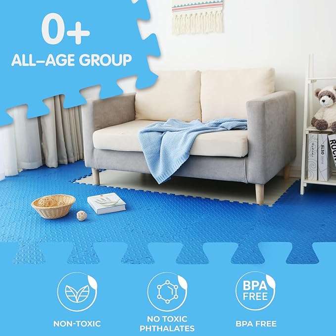 Coolcandy EVA Foam Play Mat, 16 Tiles Colorful Baby Play Mat, Square Kids Playmat with Solid Colored, 0.4" Thickened Interlocking Foam Floor Tiles, Puzzle Play Mat for Baby Lying, Playing (Blue)