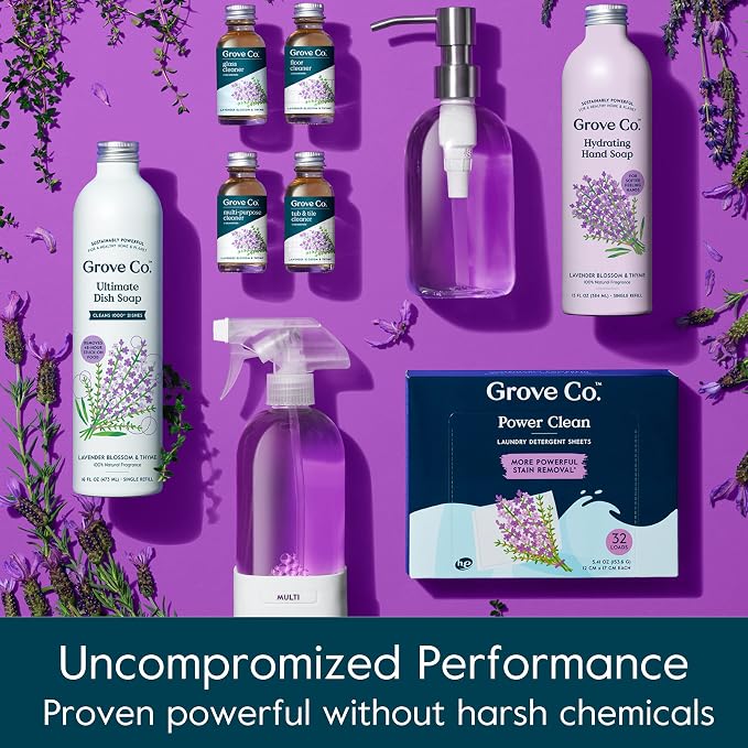 Grove Co. Dish Soap, 3 x 16 fl oz Refills + Refillable Glass Dispenser | Lavender Blossom & Thyme; Plastic-Free; Reusable dispenser; Refill format; Removes Stuck on Food; 98% plant-based ingredients