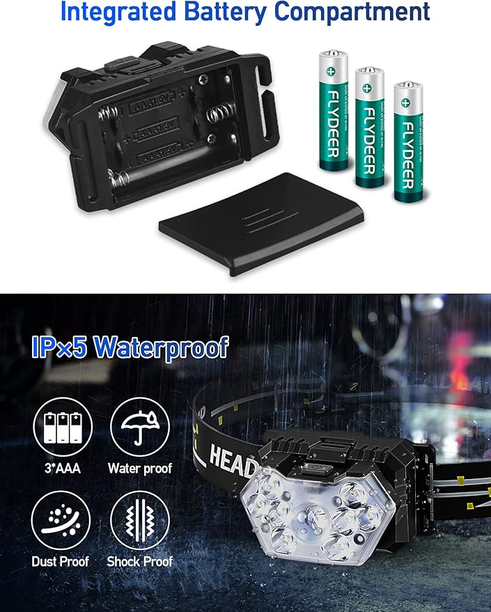 9 LED Headlamp Battery Powered, 2 Packs 2000 Lumens Headlight, 6 AAA Batteries Included, 6 Modes, Lightweight and Adjustable, IPX5 Waterproof Head Lamp for Camping, Outdoor, Running