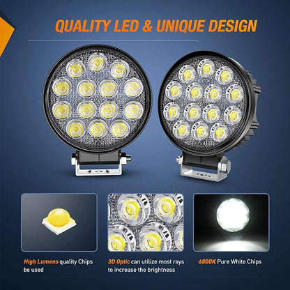 Nilight LED Pods 4Pcs 4.5Inch 42W Round Flood Off Road Fog Lights Driving Roof Light Bar Work Lighting 4200LM with 16AWG Wiring Harness Kit-4 Leads for Truck ATV UTV SUV Boat