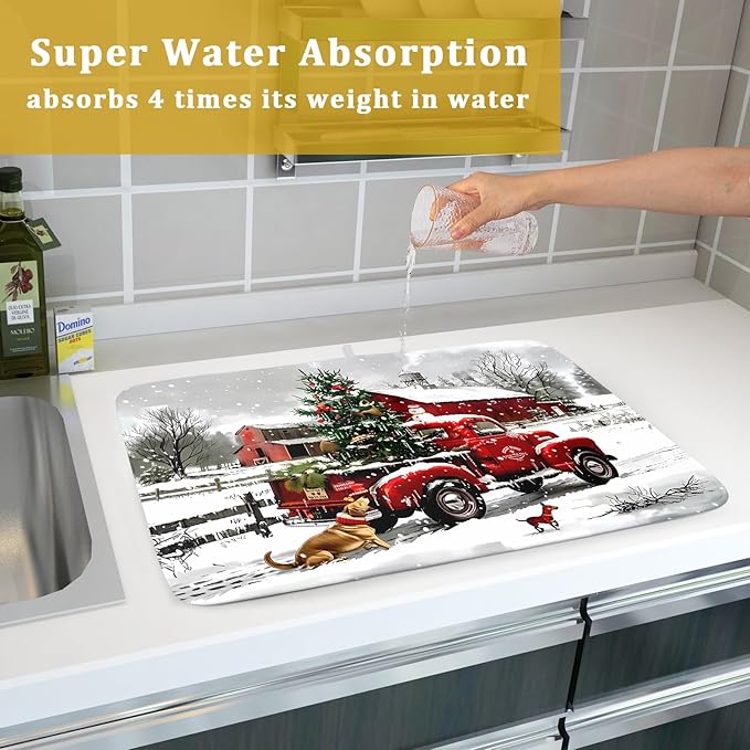 Red Truck Christmas Dish Drying Mat