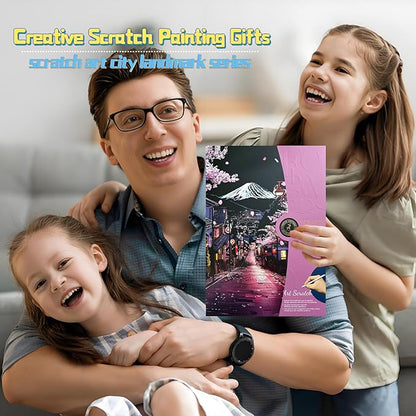 Scratch Art for Adults-Laser Scratch Painting Craft Kit (8 Sheets 16x11 in)|Foil Engraving Art Set|Stress Relief Gift for Travel Lovers,Craft Lovers|Creative Scratch Art Home Decor(Asian Series)