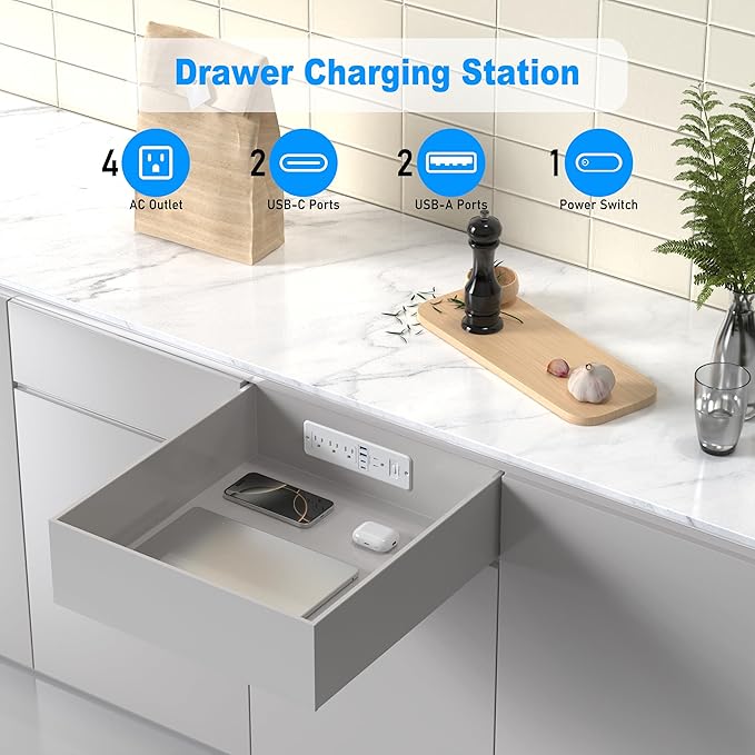 65W USB C Recessed Power Strip, Flush Mount Desktop Recessed Outlet