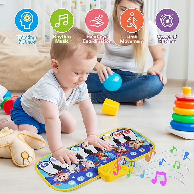 Floor Piano Mat for Toddlers,Musical Mats W/ Animal Sounds&Songs,Kids Sensory Educational Carpet Toys,Blanket Touch Playmat for Boys,Girl Birthday Gift