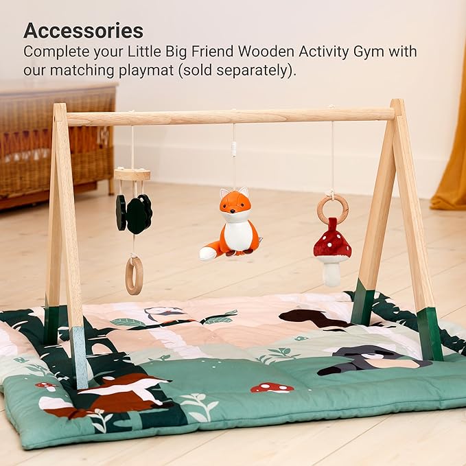 Little Big Friends Wooden Baby Activity Gym – Montessori Play Gym for Babies | Encourages Motor Skills & Sensory Development | Includes Crinkle Fabrics, Wooden Chimes & Hanging Toys – Forest
