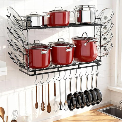 Housolution Pot Rack Wall Mounted, 3 Level Height Adjustable, 2 Tier Heavy Duty