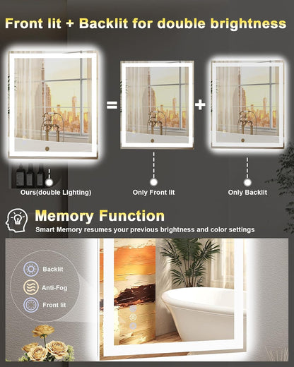 24x32 LED Bathroom Mirror, 6000LM, Separate Front and Back Lights | UL Certified,Shatter-Resistant Tempered Glass,Auto-Off Defogger,3 Color Modes,Smooth Dimming,Smart Memory Setting