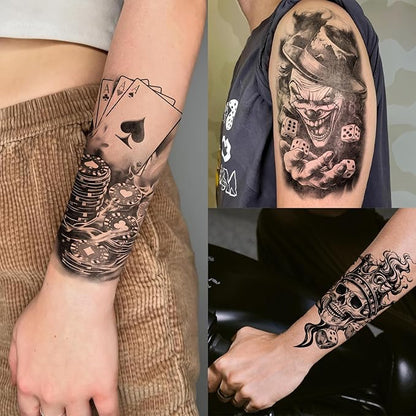 77 Sheets Casino Temporary Tattoo for Women Men, 17 Sheets Half Arm Large Poker Dice Lion Clown Fake Tattoos, 60 Sheets Angels Dollars Skull Tiny for Adult Kids Body Tattoos Stickers Realistic