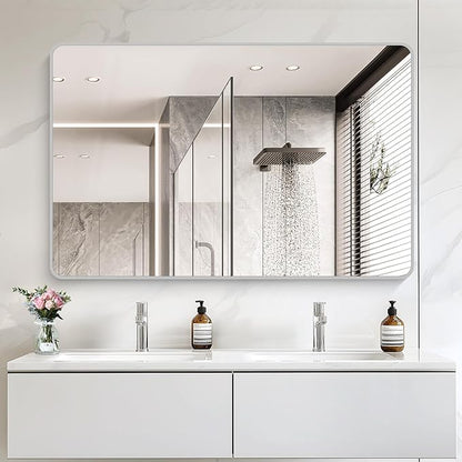 55x36 Inch Silver Bathroom Mirror, Large Rectangular Vanity Mirror, Metal