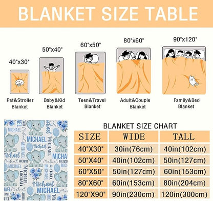 Personalized Baby Blanket for Girls Boys Kids Elephant Custom Baby Blanket with Name Throw Birthday Gift for Toddlers Infants Shower Newborns Nursery Stroller Crib Bed Decor