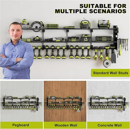 64" Power Tool Organizer Wall Mount, 16 Slots, 3-Tier Drill & Cordless Tool