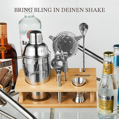 KITESSENSU Cocktail Shaker Set Bartender Kit, 6-Piece Silver Bar Set with Stand, Bar kit with Essential Bar Accessory Tools: Martini Shaker, Jigger, Strainer, Bar Spoon, Tongs, Opener