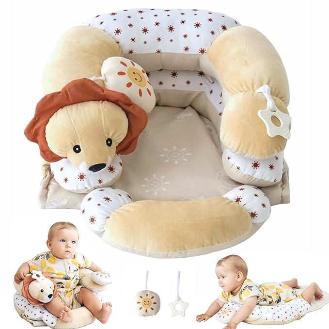 2-in-1 Tummy Time Mat and Seated Support with Sensory Toys – for Newborns and Babies – Includes Detachable Cushion for Supervised Play & Head/Neck Development (Sand)